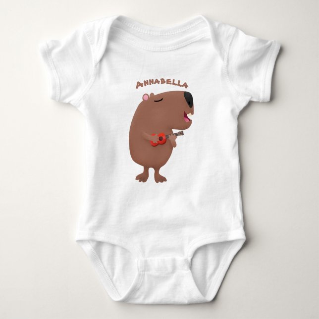 Cute singing capybara ukulele cartoon illustration baby bodysuit (Front)