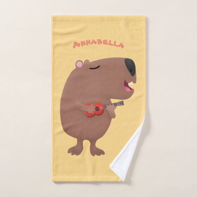 Cute singing capybara ukulele cartoon illustration bath towel set (Hand Towel)