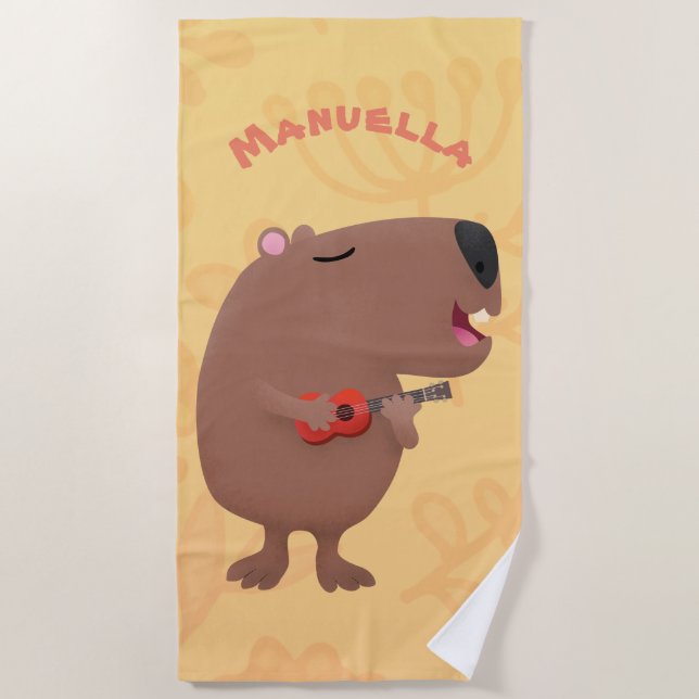 Cute singing capybara ukulele cartoon illustration beach towel (Front)