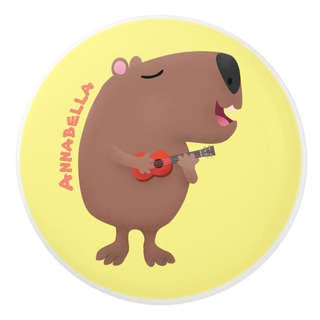 Cute singing capybara ukulele cartoon illustration ceramic knob (Front)