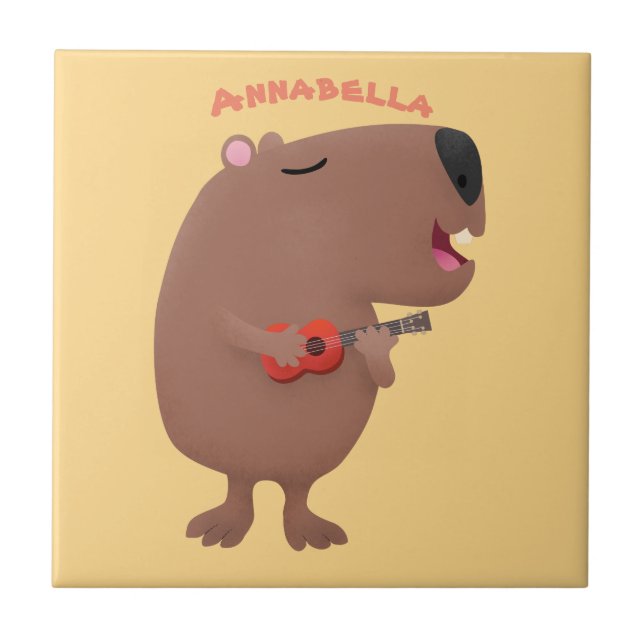 Cute singing capybara ukulele cartoon illustration ceramic tile (Front)