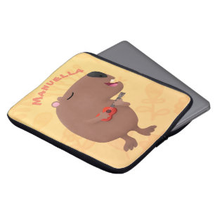 Cute singing capybara ukulele cartoon illustration laptop sleeve
