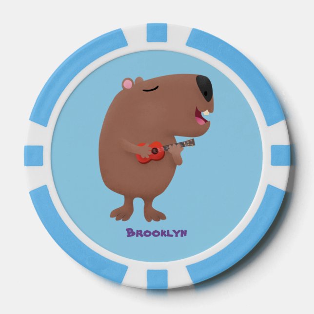 Cute singing capybara ukulele cartoon illustration poker chips (Front)