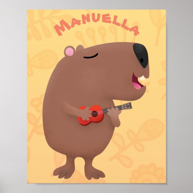 Cute singing capybara ukulele cartoon illustration poster (Front)