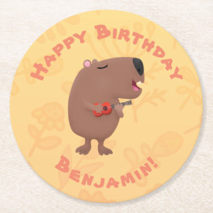Cute singing capybara ukulele cartoon illustration round paper coaster
