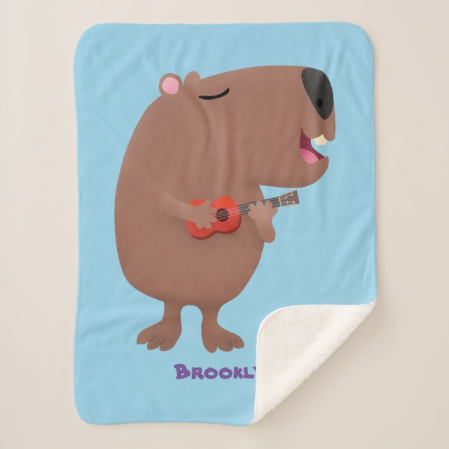 Cute singing capybara ukulele cartoon illustration sherpa blanket (Front)