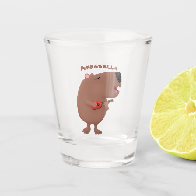 Cute singing capybara ukulele cartoon illustration shot glass (Front)