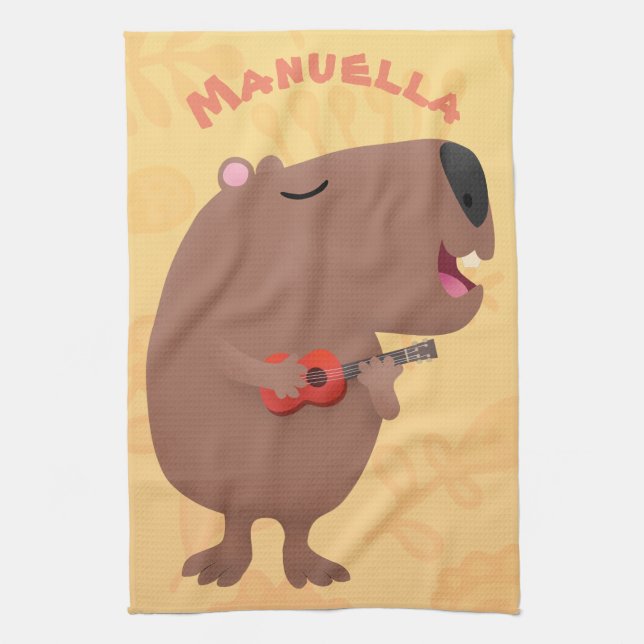 Cute singing capybara ukulele cartoon illustration tea towel (Vertical)