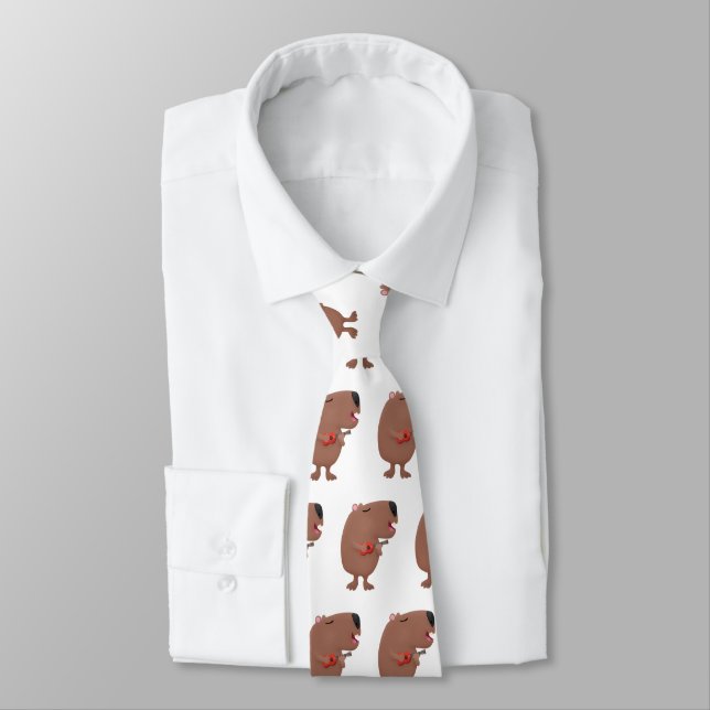 Cute singing capybara ukulele cartoon illustration tie (Tied)