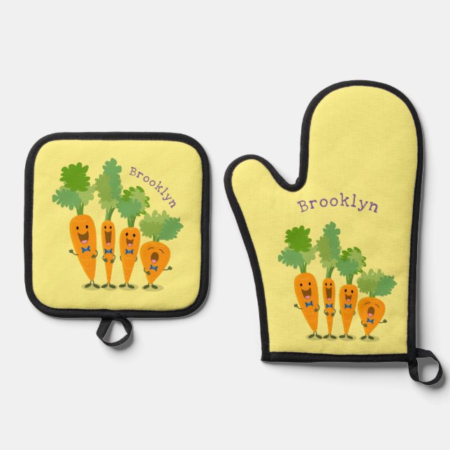Cute singing carrot quartet cartoon illustration oven mitt & pot holder set (Front)