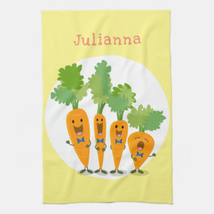 Cute singing carrot quartet cartoon illustration tea towel