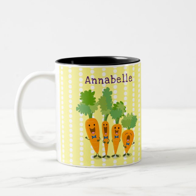 Cute singing carrot quartet cartoon illustration Two-Tone coffee mug (Left)