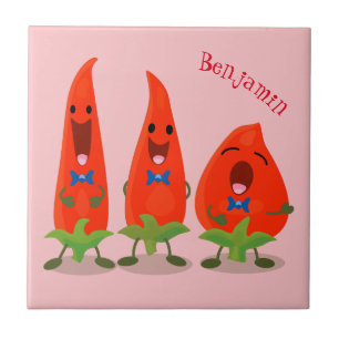 Cute singing chilli peppers cartoon illustration ceramic tile