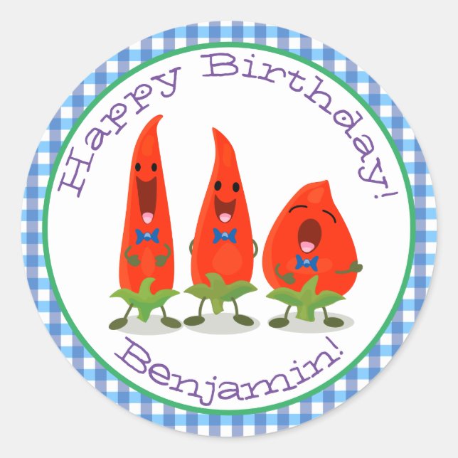 Cute singing chilli peppers cartoon illustration classic round sticker (Front)