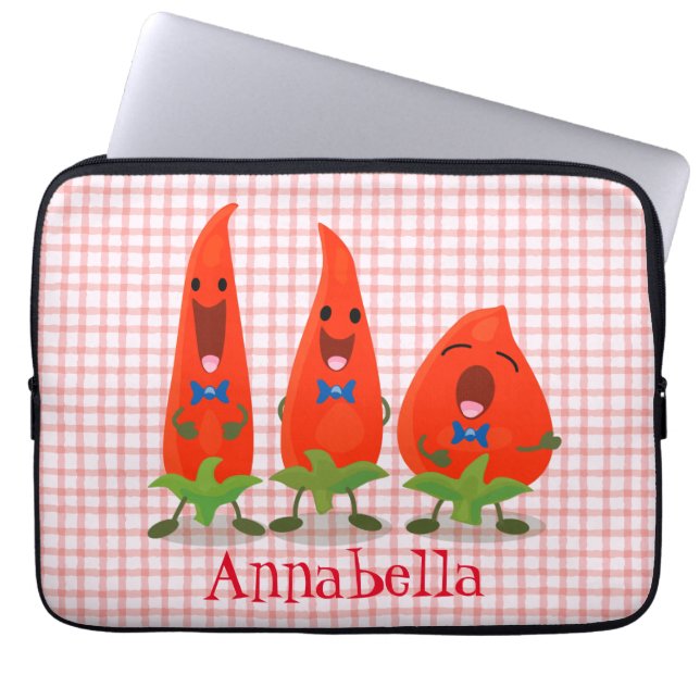 Cute singing chilli peppers cartoon illustration laptop sleeve (Front)