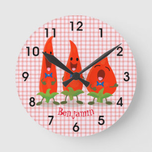 Cute singing chilli peppers cartoon illustration round clock