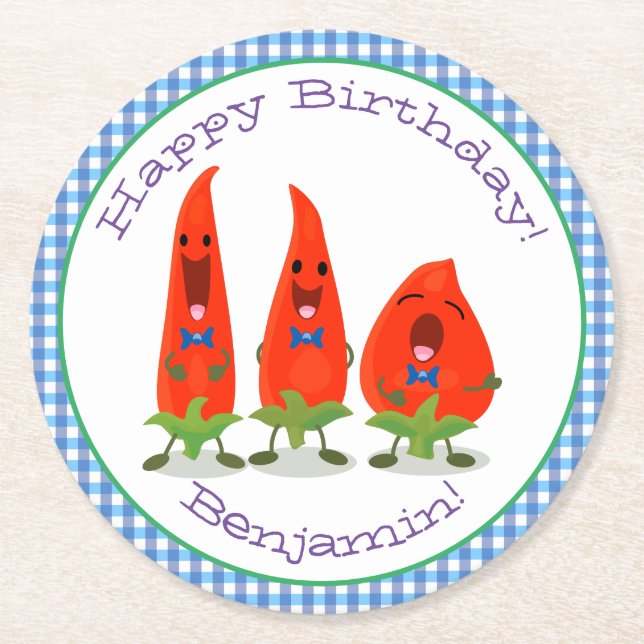 Cute singing chilli peppers cartoon illustration round paper coaster (Front)