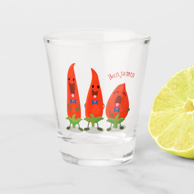 Cute singing chilli peppers cartoon illustration shot glass (Front)