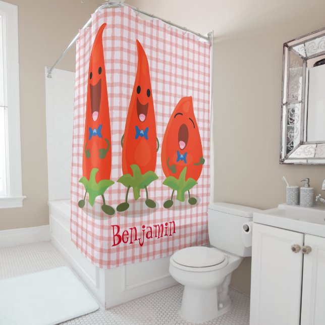Cute singing chilli peppers cartoon illustration shower curtain (In Situ)