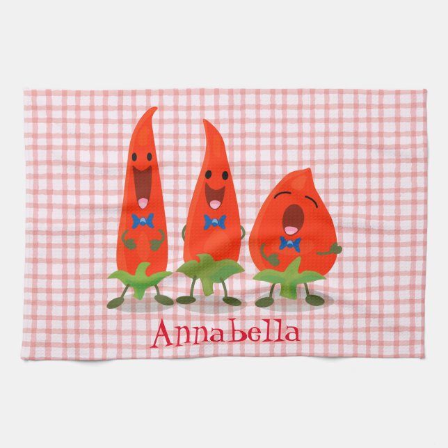 Cute singing chilli peppers cartoon illustration tea towel (Horizontal)