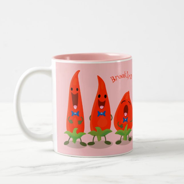 Cute singing chilli peppers cartoon illustration Two-Tone coffee mug (Left)