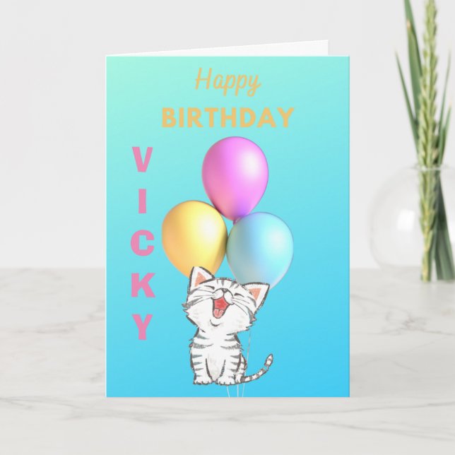 CUTE SINGING KITTEN WITH BALLOONS CUSTOM CARD (Front)