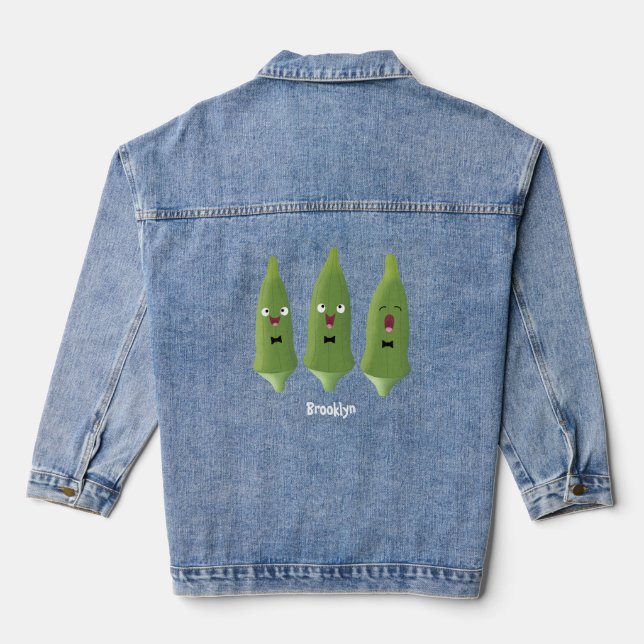 Cute singing okra vegetable cartoon denim jacket (Back)