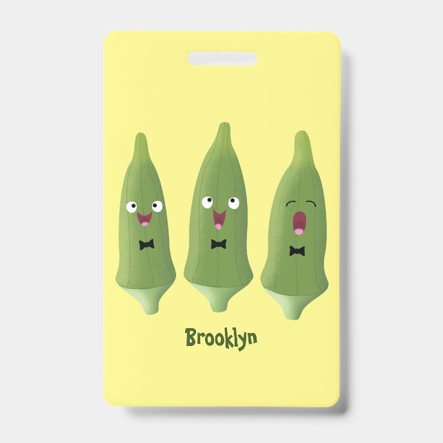 Cute singing okra vegetable cartoon ID badge (Front)