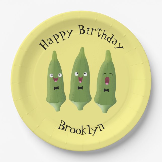 Cute singing okra vegetable cartoon paper plate (Front)