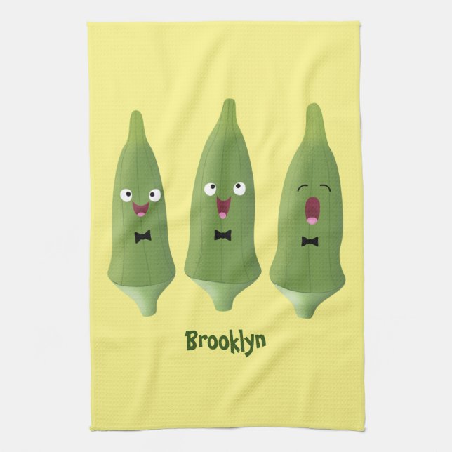 Cute singing okra vegetable cartoon tea towel (Vertical)