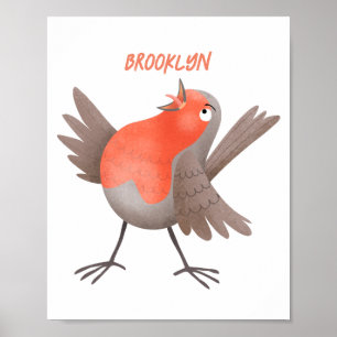 Cute singing robin bird cartoon  poster