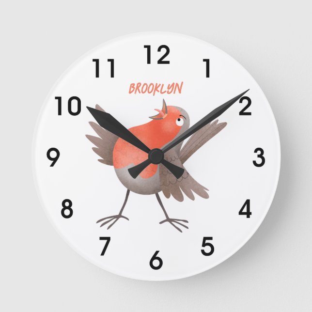 Cute singing robin bird cartoon round clock (Front)