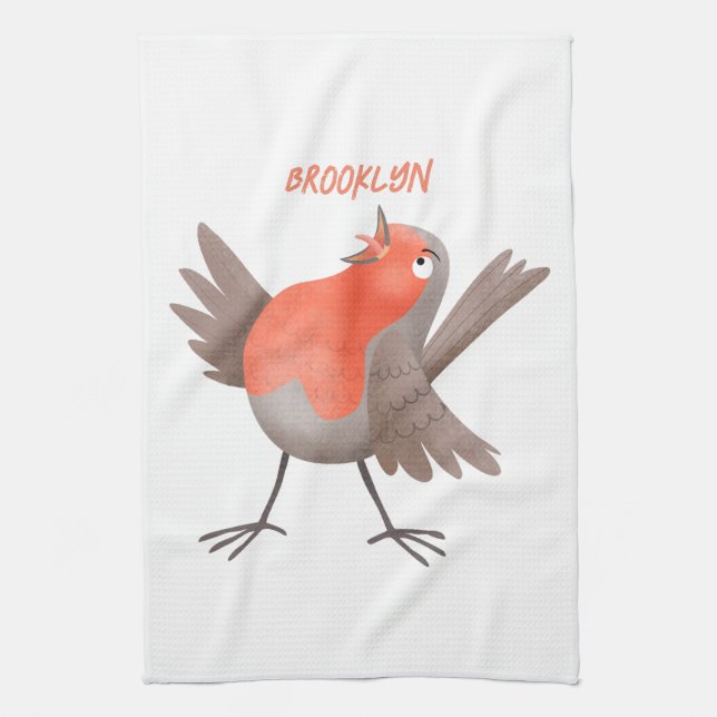 Cute singing robin bird cartoon tea towel (Vertical)