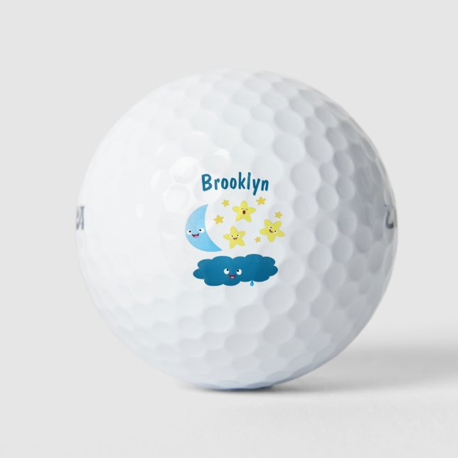 Cute singing stars, moon and cloud cartoon golf balls (Front)