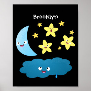 Cute singing stars, moon and cloud cartoon poster