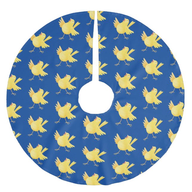 Cute singing yellow canary bird cartoon brushed polyester tree skirt (Front)