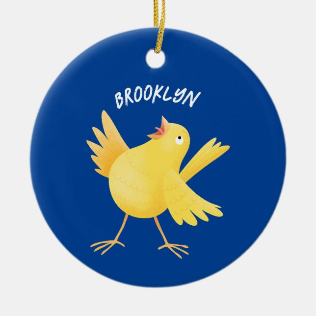 Cute singing yellow canary bird cartoon  ceramic ornament (Front)
