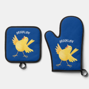 Cute singing yellow canary bird cartoon oven mitt & pot holder set