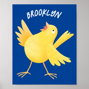 Cute singing yellow canary bird cartoon poster