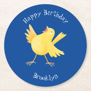 Cute singing yellow canary bird cartoon round paper coaster