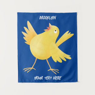 Cute singing yellow canary bird cartoon tapestry