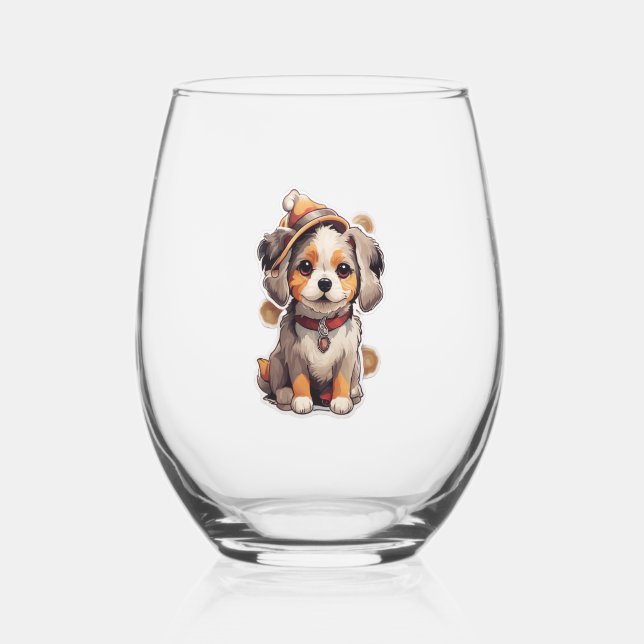 Cute single-dog Stickers   Stemless Wine Glass (Front)