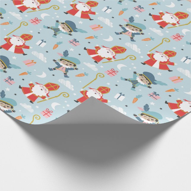 Cute Sinterklaas and Piet Pattern on light blue  Wrapping Paper (Corner)
