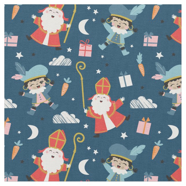 Cute Sinterklaas and Piet Pattern on navy Fabric (Close Up)