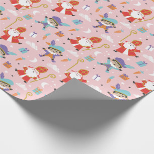 Cute Sinterklaas and Piet Pattern on Pink Wrapping Paper