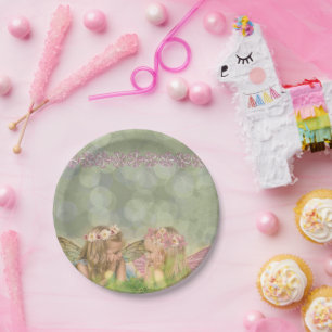 Cute Sister Fairy Friends in Pink Fantasy Art Paper Plate