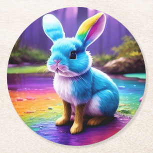 Cute Sitting Blue Bunny Portrait-36558 Round Paper Coaster