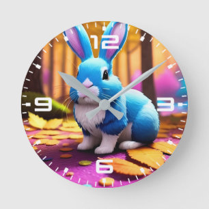 Cute Sitting Blue Bunny Portrait  Round Clock