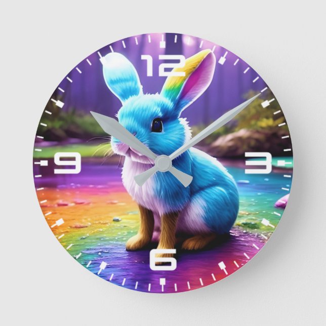 Cute Sitting Blue Bunny Portrait  Round Clock (Front)