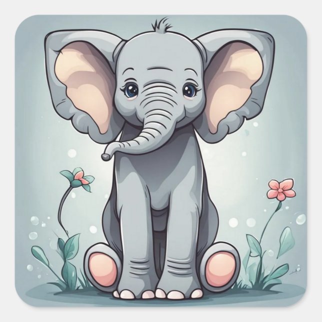 Cute sitting elephant square sticker (Front)